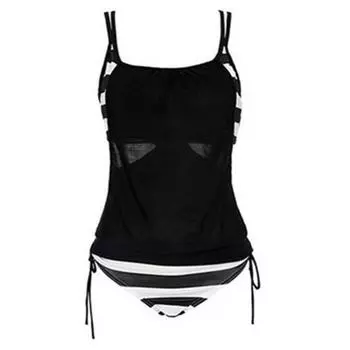 Женская летняя пляжная одежда, полосатый купальник-танкини, купальный костюм, летняя пляжная одежда XXL чёрный
