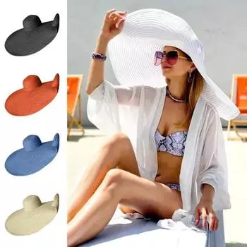 Женская летняя пляжная шляпа с большими полями, складная соломенная плетеная шляпа в стиле ретро в английском стиле, однотонная кепка с защитой от УФ-лучей, солнцезащитная шляпа для отпуска флуоресцентный желтый