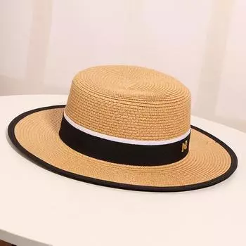 Женская летняя пляжная соломенная шляпа с защитой от солнца, плетеная шляпа с плоским верхом, британский цилиндр хаки