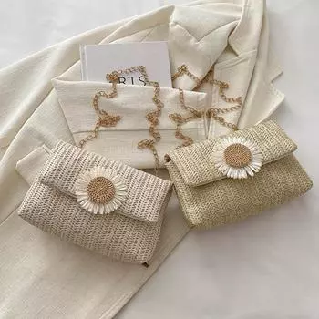 Женская летняя пляжная соломенная сумка ручной работы с цветочным декором, симпатичная плетеная маленькая квадратная сумка-цепочка через плечо 21.5x4.5x13.5cm бежевый