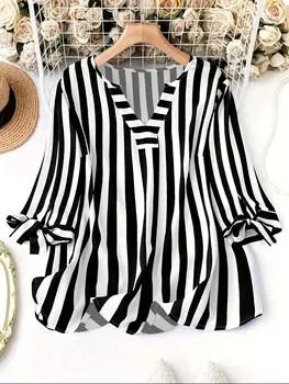 Женская летняя полосатая повседневная рубашка с рукавом три четверти XXL чёрный