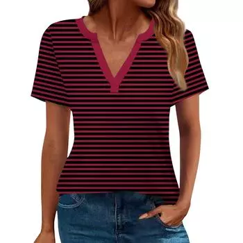 Женская летняя полосатая рубашка с коротким рукавом и V-образным вырезом, деловая повседневная свободная футболка, трендовая модная одежда, топы S винный