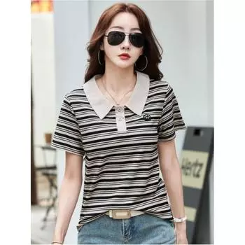 Женская летняя полосатая свободная футболка Temperament с круглым вырезом и коротким рукавом 3XL чёрный