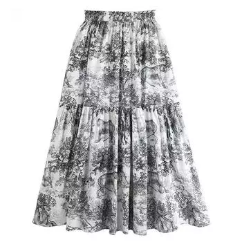 Женская летняя полуюбка с принтом тушью в стиле ретро в Гонконге, новая шифоновая юбка трапециевидной формы средней длины с высокой талией и большим подолом One size синий