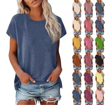 Женская летняя повседневная базовая футболка с круглым вырезом, однотонные топы, хлопковые повседневные женские топы с короткими рукавами, топы, спортивная рубашка L бежевый