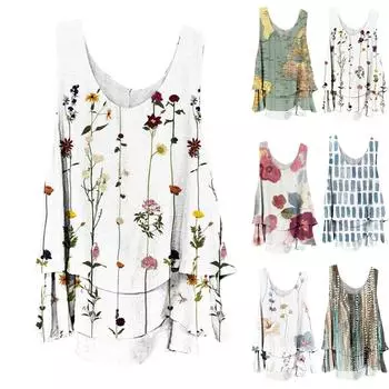 Женская летняя повседневная блузка без рукавов без рукавов с принтом и круглым вырезом L серый