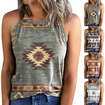 Женская летняя повседневная блузка без рукавов, топы с круглым вырезом, футболка в этническом стиле, жилет для женщин XXL зелёный