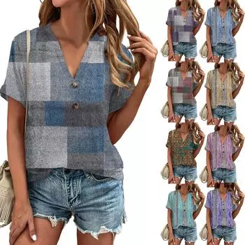 Женская летняя повседневная блузка с v-образным вырезом в полоску, тонкая блузка с коротким рукавом, женская блузка L синий
