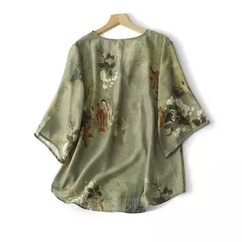 Женская летняя повседневная блузка с v-образным вырезом и половиной рукавом, повседневная мягкая вискоза в традиционном китайском стиле M зелёный