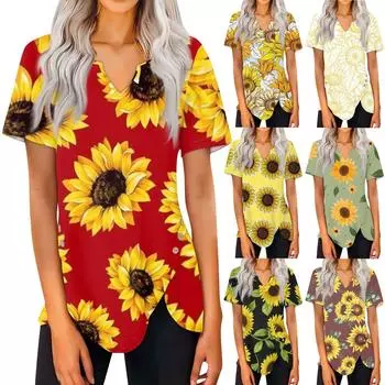 Женская летняя повседневная блузка с v-образным вырезом и подсолнечным принтом, тонкая блузка с коротким рукавом, женская блузка L