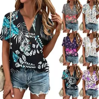 Женская летняя повседневная блузка с v-образным вырезом в полоску, тонкая блузка с коротким рукавом, женская блузка L чёрный