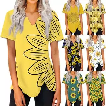 Женская летняя повседневная блузка с v-образным вырезом и подсолнечным принтом, тонкая блузка с коротким рукавом, женская блузка XL жёлтый