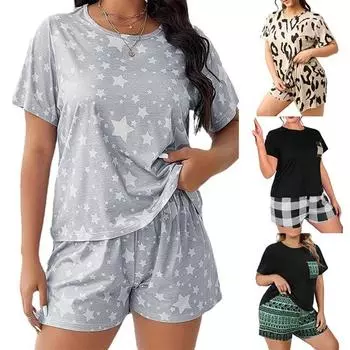 Женская летняя повседневная домашняя одежда большого размера с круглым вырезом, футболка и шорты, комплект из 2 предметов, одежда для сна 2XL