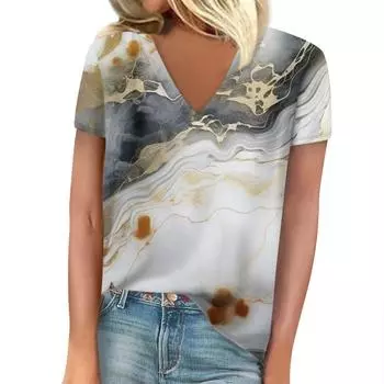 Женская летняя повседневная футболка, элегантная футболка с V-образным вырезом и короткими рукавами, узор с деградированной текстурой, свободная повседневная одежда, женская футболка XS