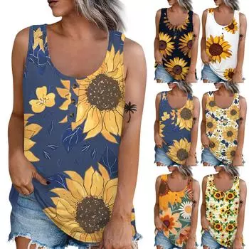 Женская летняя повседневная футболка без рукавов с принтом и круглым вырезом, топы, блузка L чёрный