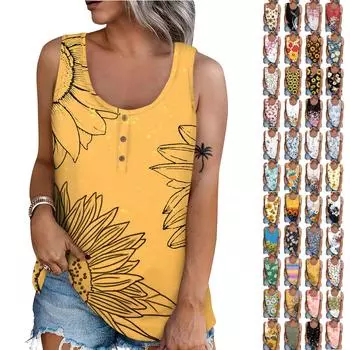 Женская летняя повседневная футболка без рукавов с принтом и круглым вырезом, топы, блузка L