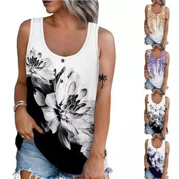 Женская летняя повседневная футболка без рукавов с цветочным принтом и круглым вырезом, топы, блузка L чёрный
