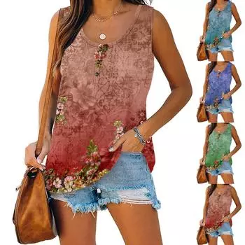 Женская летняя повседневная футболка без рукавов с цветочным принтом и круглым вырезом, топы, блузка L синий