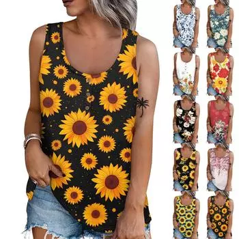 Женская летняя повседневная футболка без рукавов с принтом и круглым вырезом, топы, блузка L чёрный