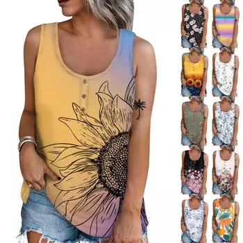 Женская летняя повседневная футболка без рукавов с принтом и круглым вырезом, топы, блузка L чёрный