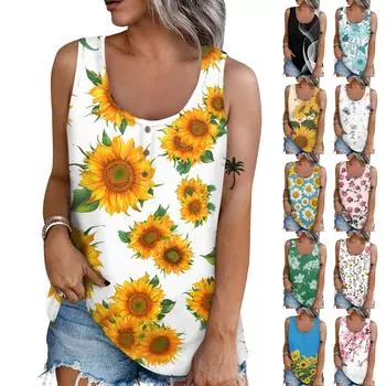 Женская летняя повседневная футболка без рукавов с принтом и круглым вырезом, топы, блузка L