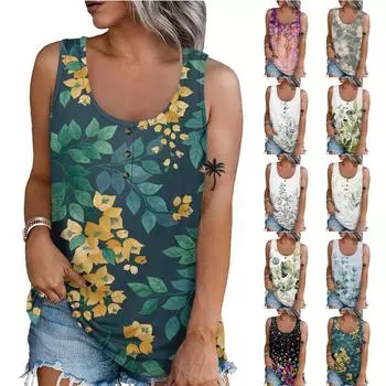 Женская летняя повседневная футболка без рукавов с цветочным принтом и круглым вырезом, топы, блузка L чёрный