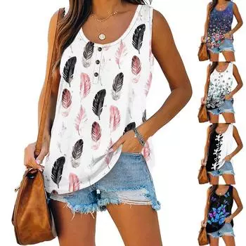 Женская летняя повседневная футболка без рукавов с цветочным принтом и круглым вырезом, топы, блузка L чёрный