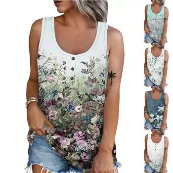 Женская летняя повседневная футболка без рукавов с цветочным принтом и круглым вырезом, топы, блузка XXXL темно-синий
