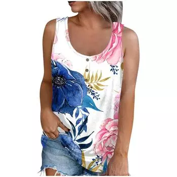 Женская летняя повседневная футболка без рукавов с цветочным принтом и круглым вырезом, топы, блузка XXXL розовый