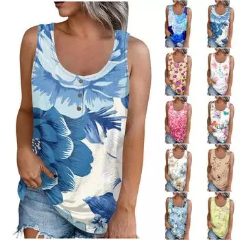 Женская летняя повседневная футболка без рукавов с цветочным принтом и круглым вырезом, топы, блузка XXXL горячий розовый