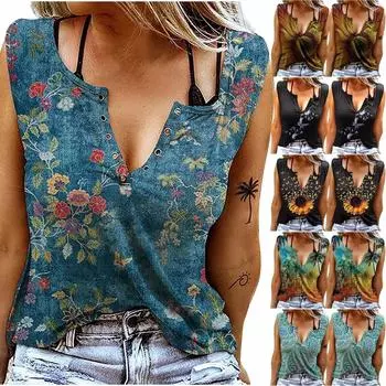 Женская летняя повседневная футболка без рукавов с v-образным вырезом и цветочным принтом, топ XL чёрный