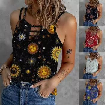 Женская летняя повседневная футболка без рукавов с круглым вырезом и топом с принтом M зелёный