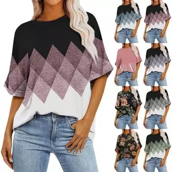 Женская летняя повседневная футболка большого размера с круглым вырезом и принтом, с заниженными плечами, с рукавом четверть, топ L