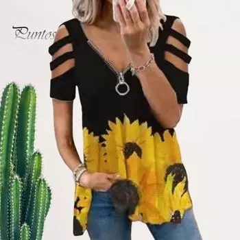 Женская летняя повседневная футболка на молнии с v-образным вырезом и открытыми плечами, футболка с короткими рукавами, свободные футболки с принтом для отдыха и вечеринки XL жёлтый