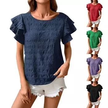 Женская летняя повседневная футболка-пуловер с рюшами и круглым вырезом, однотонный топ с короткими рукавами L чёрный