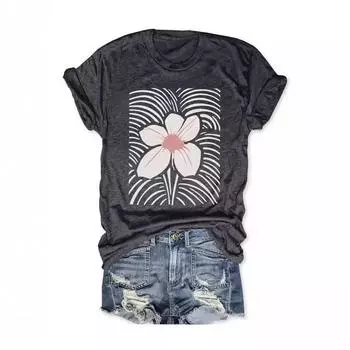 Женская летняя повседневная футболка с цветочным принтом и круглым вырезом с коротким рукавом Large