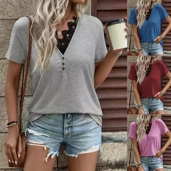 Женская летняя повседневная футболка с коротким рукавом и пуговицами, кружевной V-образный вырез, однотонный пуловер, футболка, блузка, топ S серый