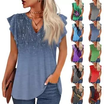 Женская летняя повседневная футболка с коротким рукавом и принтом, пуловер с V-образным вырезом, топ L