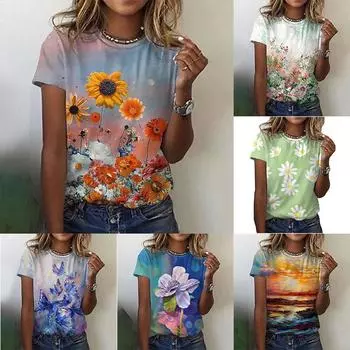 Женская летняя повседневная футболка с короткими рукавами и топом с круглым вырезом и принтом, женский топ с дышащими и освежающими короткими рукавами XXS