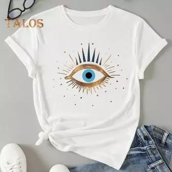 Женская летняя повседневная футболка с круглым вырезом и коротким рукавом, свободная футболка с принтом глаз, эластичный пуловер, топы, уличная одежда M белый