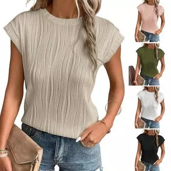 Женская летняя повседневная футболка с круглым вырезом и коротким рукавом, однотонная футболка, свободный крой, пуловер в полоску с текстурой, топы, уличная одежда M