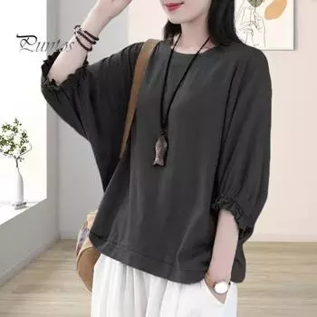 Женская летняя повседневная футболка с круглым вырезом 3/4 с рукавами «летучая мышь» и рюшами на манжетах, пуловер, топы, однотонный свободный крой, летняя блузка, уличная одежда L жёлтый