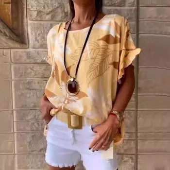 Женская летняя повседневная футболка с круглым вырезом и коротким рукавом с рюшами на манжетах, футболка с цветочным принтом листьев M чёрный