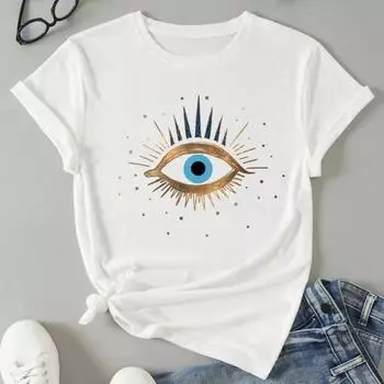 Женская летняя повседневная футболка с круглым вырезом и коротким рукавом, свободная футболка с принтом глаз, эластичная M белый