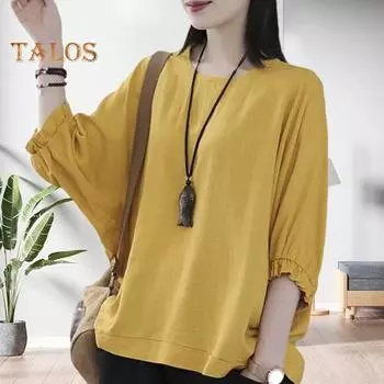 Женская летняя повседневная футболка с круглым вырезом 3/4 с рукавами «летучая мышь» и рюшами на манжетах, пуловер, топы, однотонный свободный крой, летняя блузка, уличная одежда M жёлтый