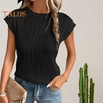 Женская летняя повседневная футболка с круглым вырезом и коротким рукавом, однотонная футболка, свободный крой, пуловер в полоску с текстурой, топы, уличная одежда M абрикосовый