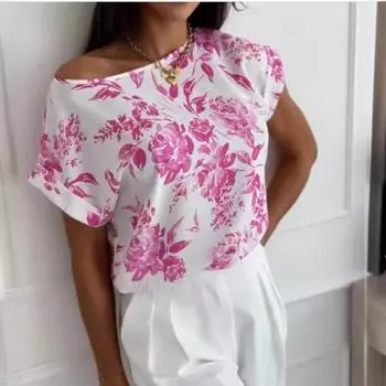 Женская летняя повседневная футболка с круглым вырезом и коротким рукавом с принтом S синий/белый