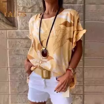 Женская летняя повседневная футболка с круглым вырезом и коротким рукавом с рюшами и манжетами, футболка с цветочным принтом и листвой, свободный крой, пуловер, топы, уличная одежда M чёрный