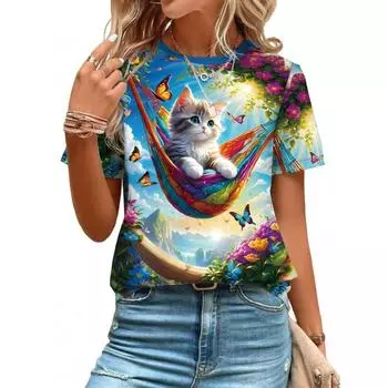 Женская летняя повседневная футболка с круглым вырезом и коротким рукавом с принтом «Кошки и бабочки» S