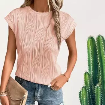 Женская летняя повседневная футболка с круглым вырезом и коротким рукавом, однотонная футболка, свободный крой, пуловер в полоску с текстурой, топы, уличная одежда M